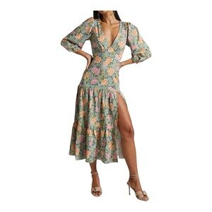 Showpo Alayna Tiered Floral Midi Dress In Sage Thigh Split Size 4 Milkmaid